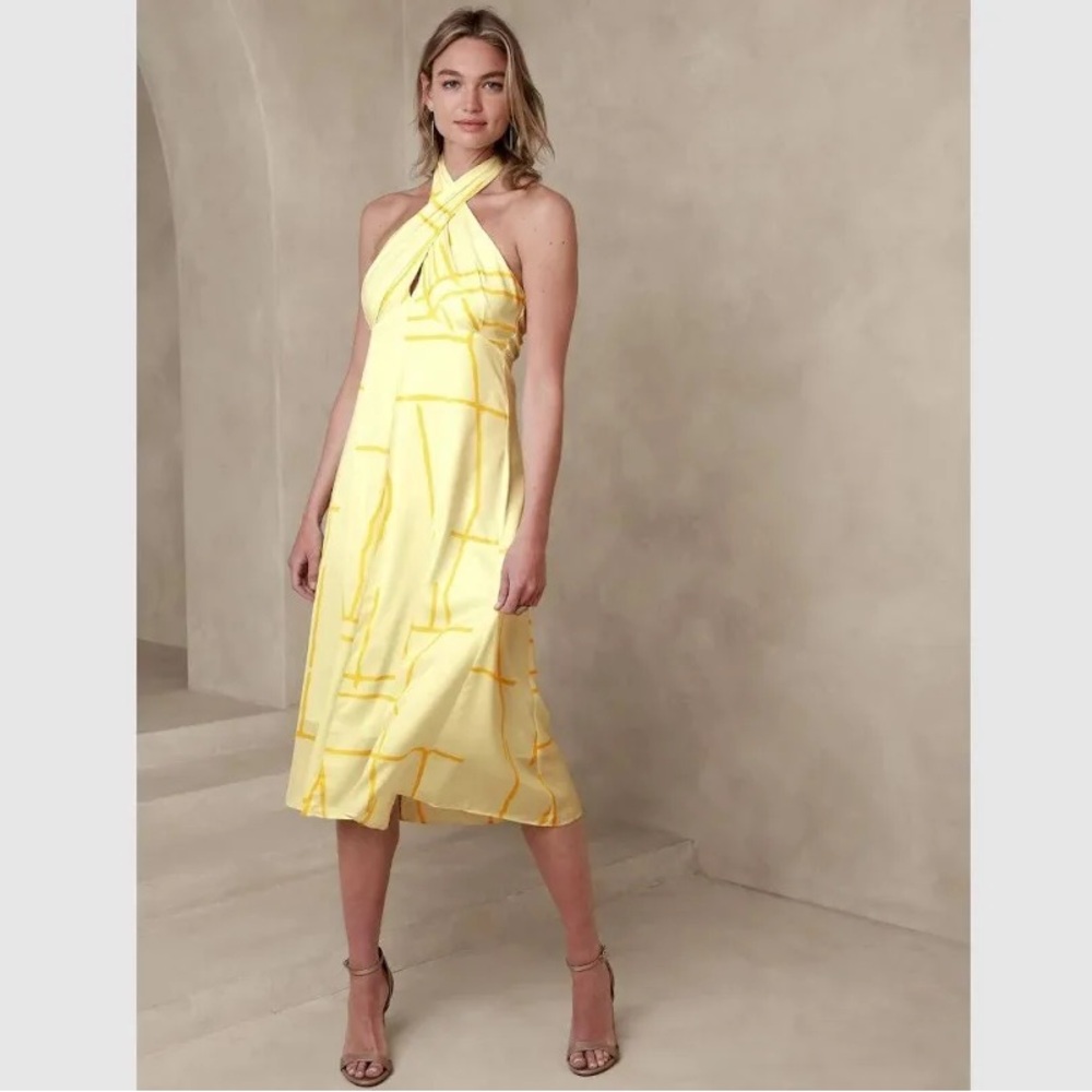 Banana Republic Wrap Halter Midi Dress Yellow Lotus Sz 12 petite